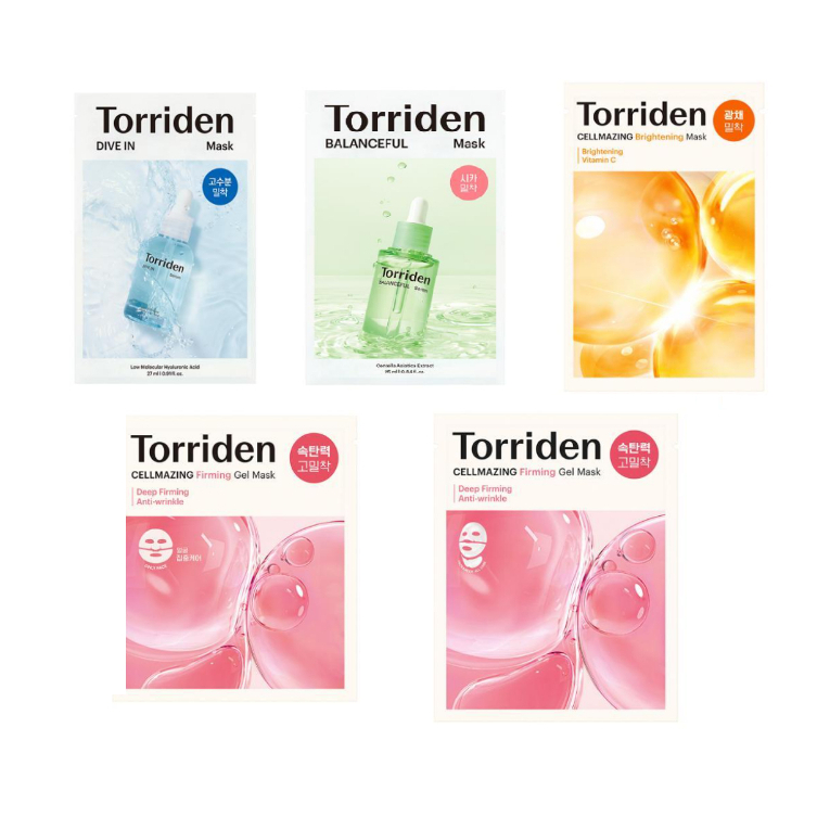 Torriden มาสก์แพ็ก 5 แบบ (กรดไฮยารูลอนิก โมเลกุลต่ํา, บาลานซ์ฟูลซิก้า, เพิ่มความกระจ่างใส, คอลลาเจนเจลใบหน้าเท่านั้น, ใบหน้าและคอ)