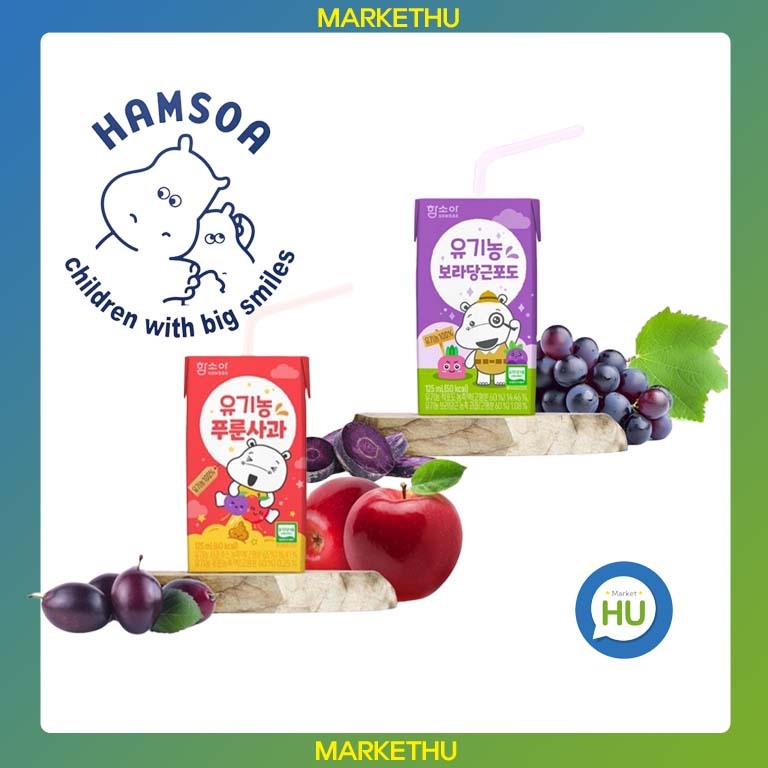 [HAMSOA] น้ําผลไม้ออร์แกนิก 100% ลูกพรุน แอปเปิ้ล แครอทสีม่วง และองุ่น 125 มล. เครื่องดื่มเด็ก สไตล์เกาหลี