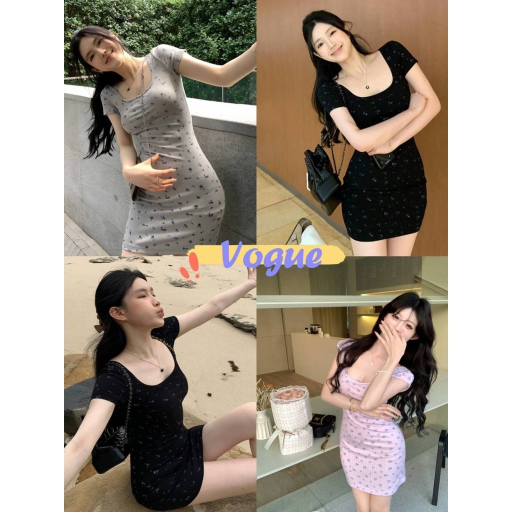 Vogue🌟พร้อมส่ง🌟 ชุดเดรสไหมพรม คอกลม แขนสั้น ลวดลายทั้งตัว ทรงรัดตัว (58119)