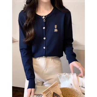 Vogue🌟พร้อมส่ง🌟 เสื้อคลุมไหมพรมแขนยาว คอกลม ปักลายหมี ใส่สบาย (Y-2812)
