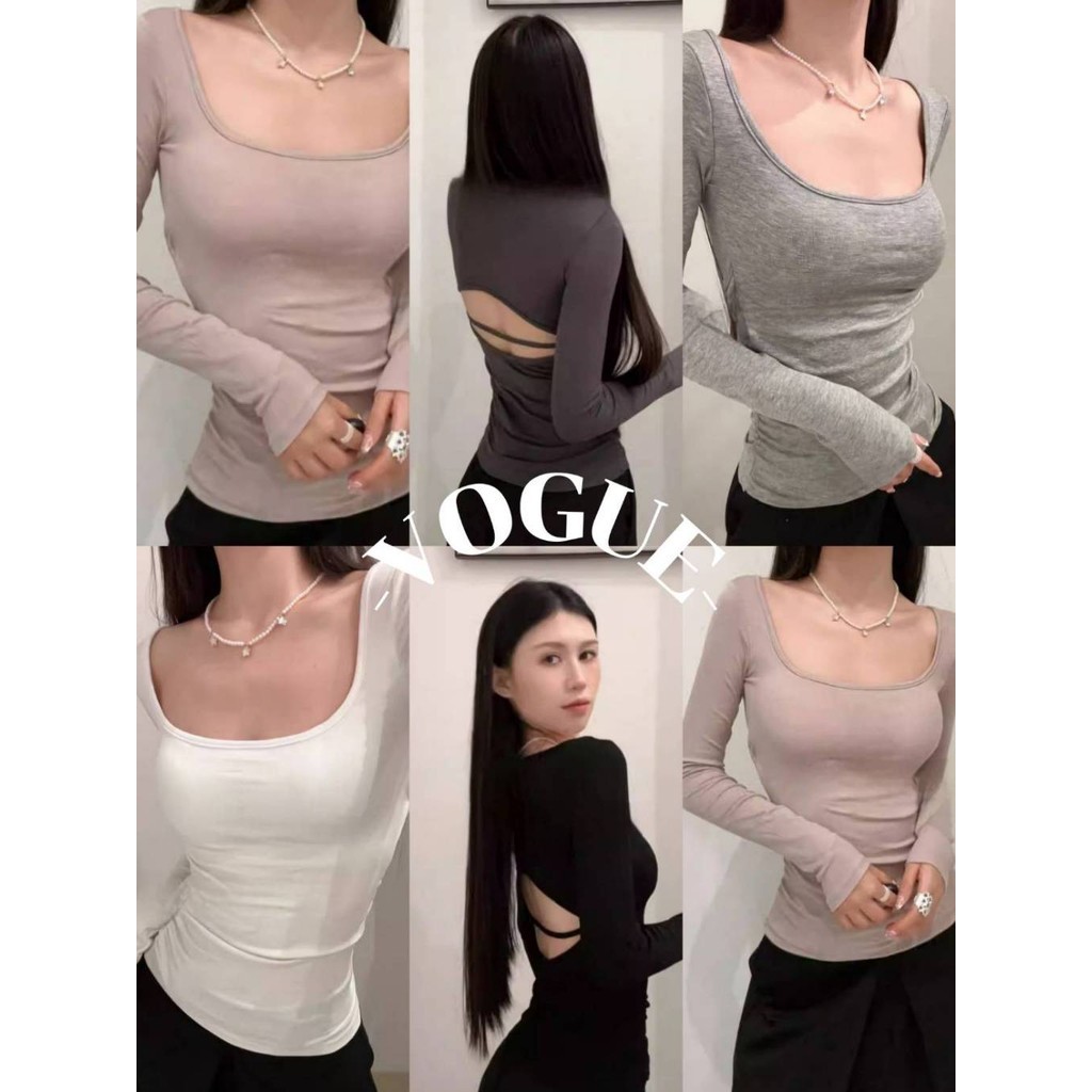 Vogue🌟พร้อมส่ง🌟 แขนยาวคอยูรัดรูป เบาะ สีทึบ ทันสมัยและเซ็กซี่ (FYA088)