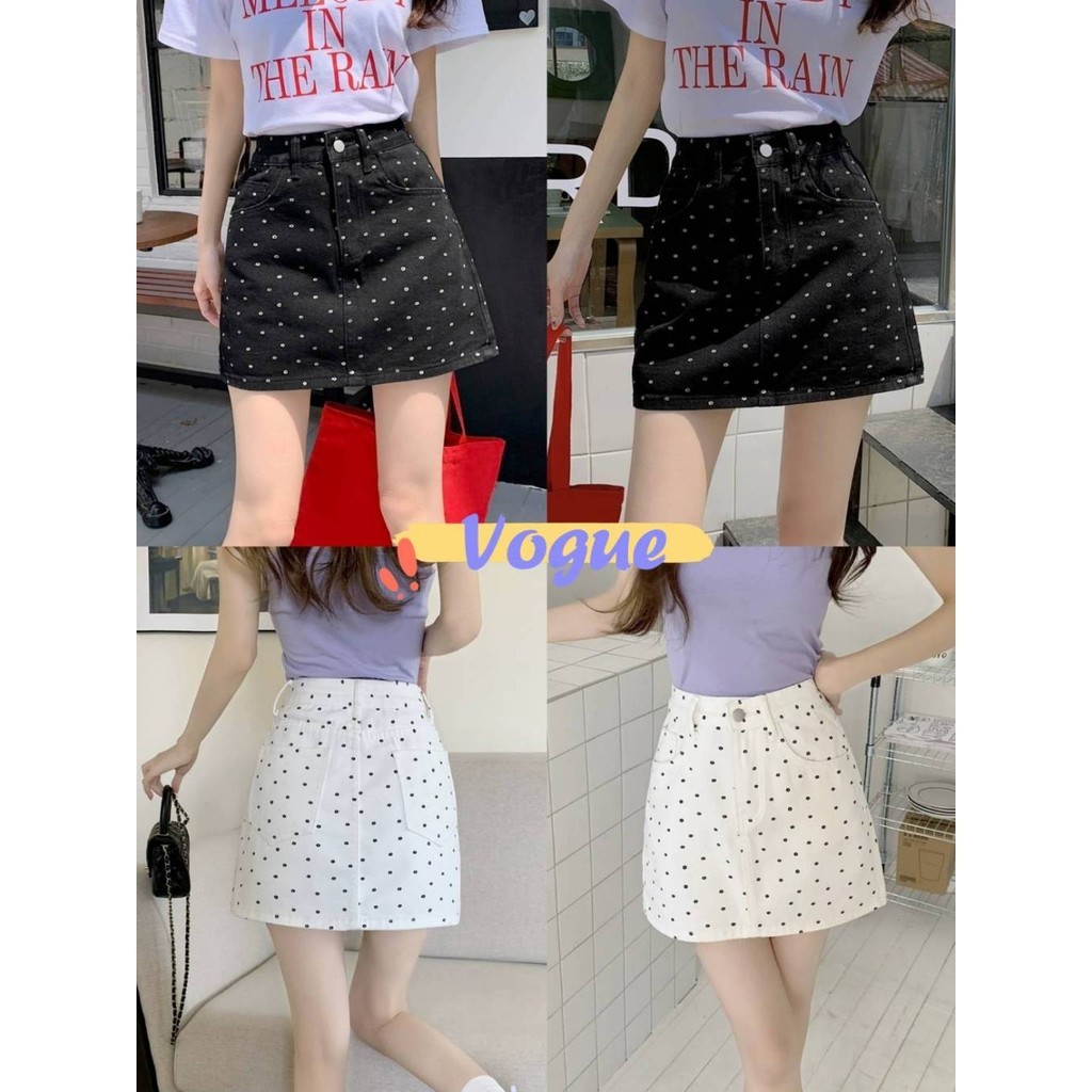 Vogue🌟พร้อมส่ง🌟 กระโปรงเอวสูงขาสั้น ดีเทลลายดอกไม้จุดเล็ก สไตล์มินิมอลเกาหลีๆ (2401-NZ)