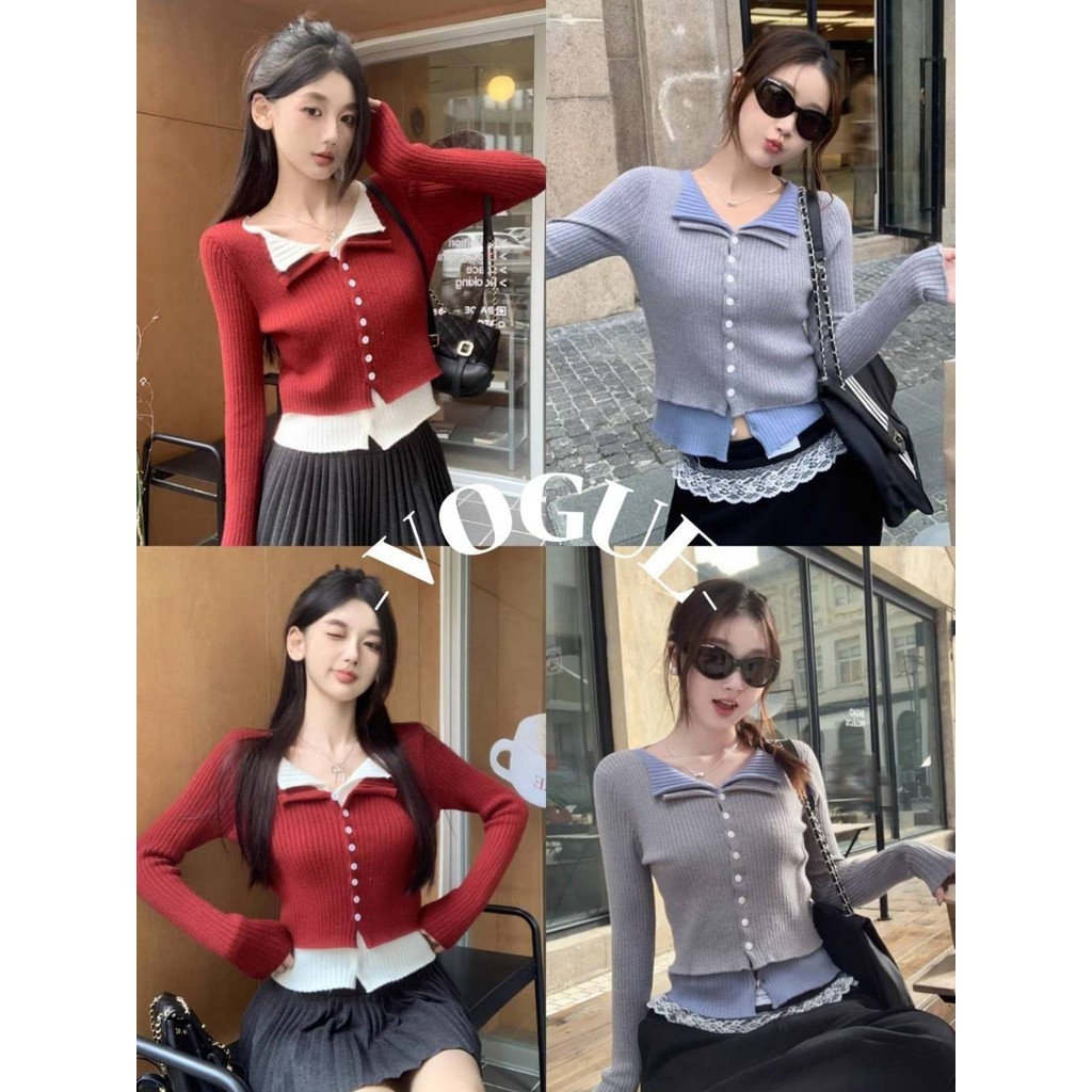 Vogue🌟พร้อมส่ง🌟 เสื้อสเวตเตอร์ถักแขนยาวปกแหลม เสื้อสเวตเตอร์ถักแน่น ผ้าร่องเล่นแต่งสองสี (15048)