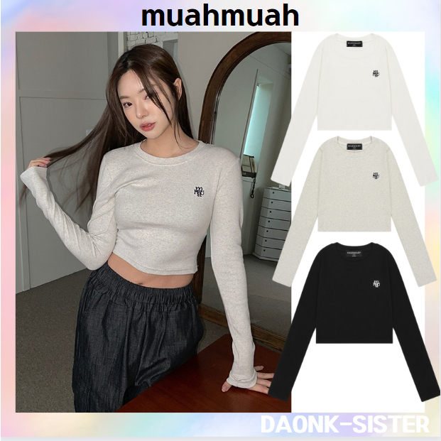 [ Muahmuah ] เสื้อครอปแขนยาว ลายโลโก้ 3 สี สไตล์เกาหลี ของแท้ 100%