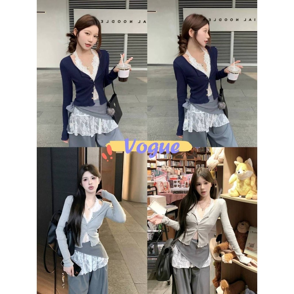Vogue🌟พร้อมส่ง🌟 เสื้อไหมพรมคอวีแขนยาว สองชิ้นใส่ สไตล์มินิมอล (Y6817)