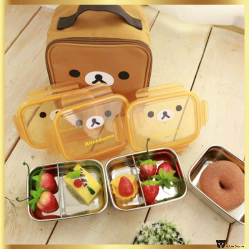 Rilakkuma SUS 304 3 ชั้นชุดกล่องอาหารกลางวัน (320ml 2 ชิ้น + 480ml 1 ชิ้น + ถุงฉนวนกันความร้อน)