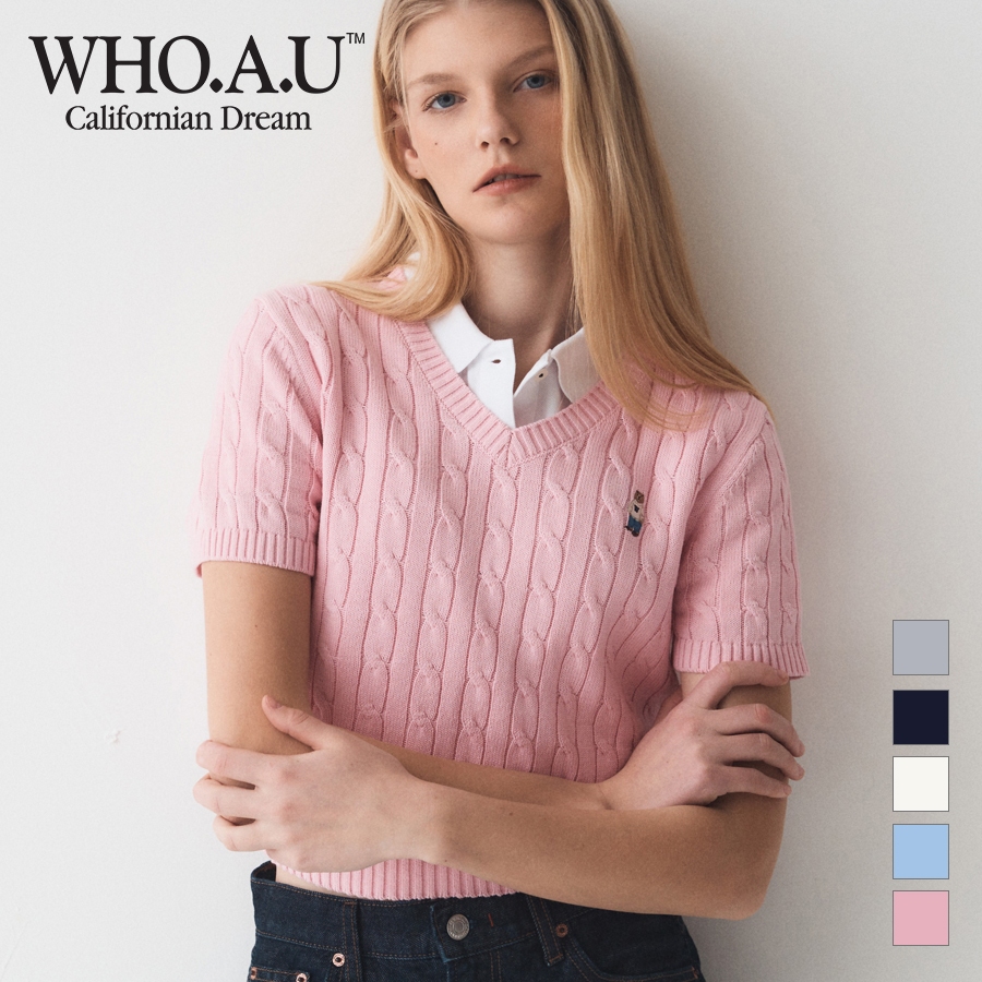[WHO.A.U] เสื้อกันหนาว คอวี แขนสั้น | WHKAE2402F / WHKAE3702F