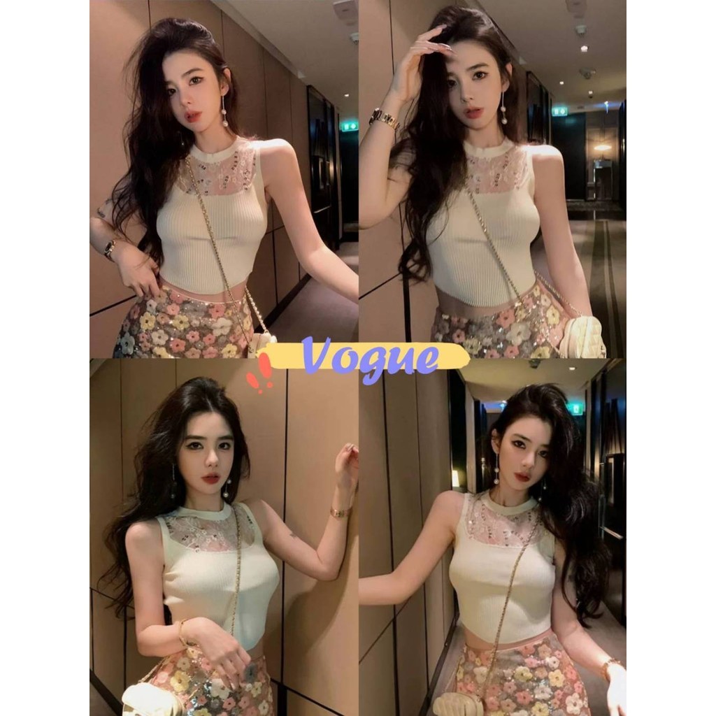 Vogue🌟พร้อมส่ง🌟 เสื้อแขนกุดคอเต่า สไตล์ตาข่าย เสื้อคอเต่าสีขาว (Y6518)