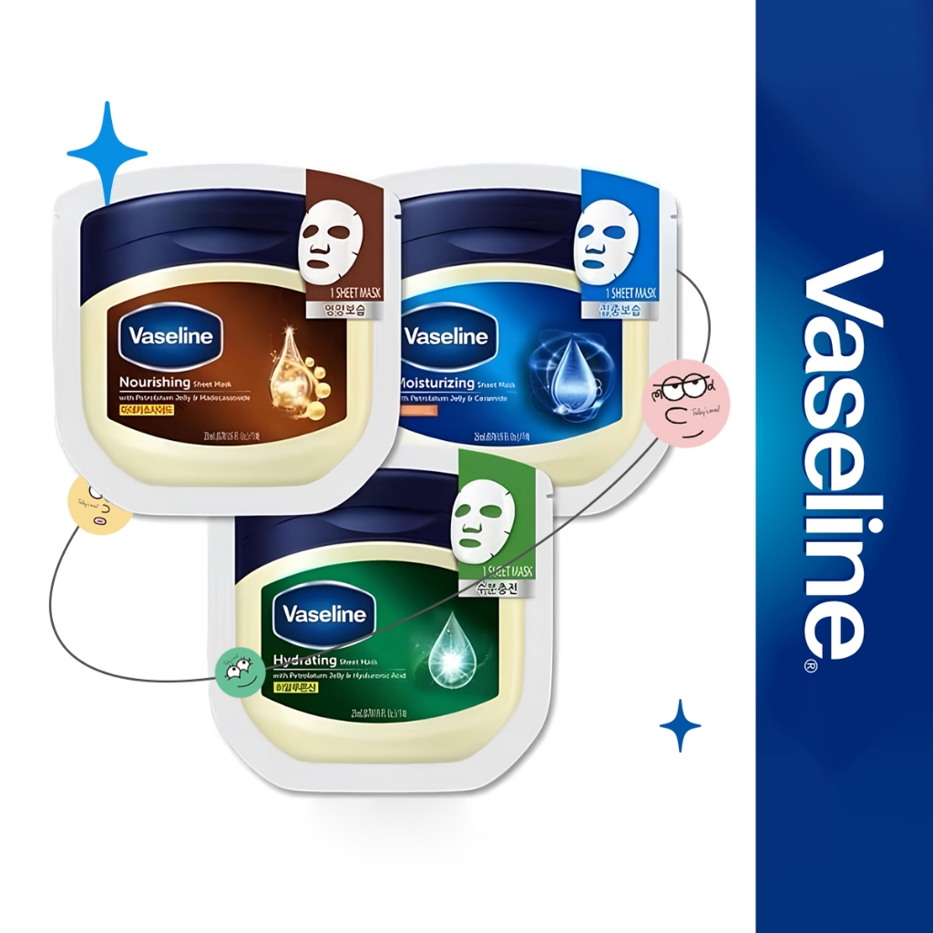 VASELINE [วาสลีน] Hydrating(Ceramide), Moisturizing(Hyaluronic Acid), Nourishing(Madecassoside) Sheet Mask 23ml (5/8/10pcs)