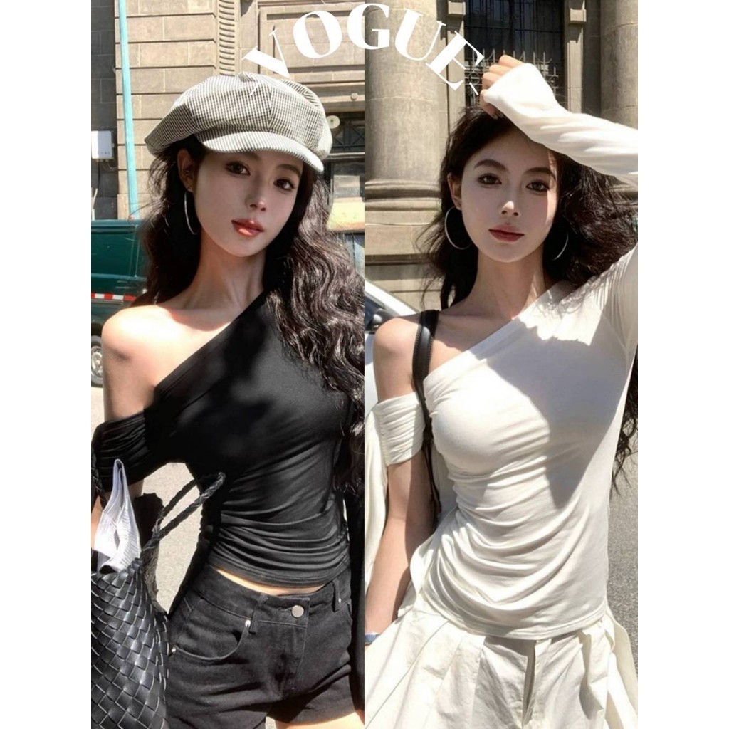 Vogue🌟พร้อมส่ง🌟 เสื้อแขนยาวปิดไหล่ เสื้อสเวตเตอร์แขนยาวเปิดไหล่สีทึบ เสื้อแขนยาวไม่ปกติ (FY2753)