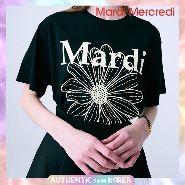 Authentic ของแท้จากเกาหลี | MARDI MECREDI สําหรับเสื้อยืดผู้หญิง FLOWER[ Authentic ] Mardi_BLACK CREAM