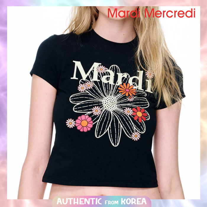 Mardi MERCREDI สําหรับผู้หญิง CROPPED เสื้อยืด FLOWERMARDI BLOSSOM_BLACK CREAM
