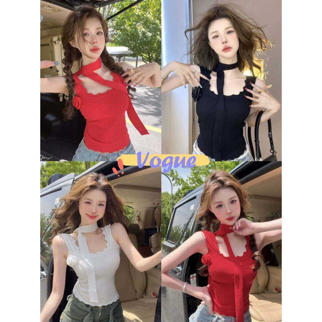Vogue🌟พร้อมส่ง🌟 เสื้อกล้ามคอเหลี่ยมเซ็กซี่ มาพร้อมสายคล้องคอแบบคล้องคอ เซ็กซี่เก๋ (M6605)