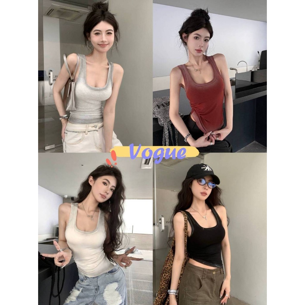 Vogue🌟พร้อมส่ง🌟 เสื้อกล้ามคอกลม มีฟองน้ำ ดีดีเทลผ้าเล็ก แต่งไล่สี (FY723-P)