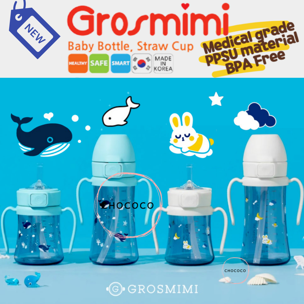 [เกาหลี]🇰🇷 ของแท้ Grosmimi BUNNY VERSE Baby WHALE ถ้วยฟางใหม่ Dark series ขวดนม One touch cap ไม่มีการรั่วไหล Magic Sippy ถ้วยเด็กเด็กวัยหัดเดิน WIDE NECK