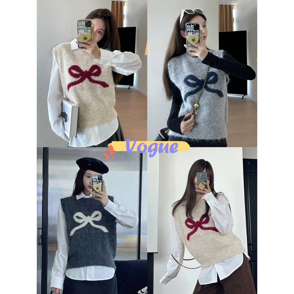 Vogue🌟พร้อมส่ง🌟 เสื้อถักไหมพรม แขนกุด คอกบม ดีเทลลายโบว์ (Z-YT31)