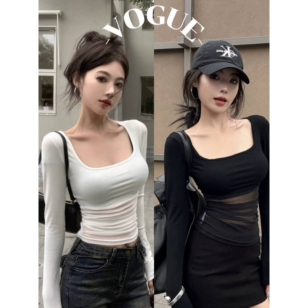 Vogue🌟พร้อมส่ง🌟 เสื้อแขนยาวครอป แต่งซีทรูเบาๆ เซ็กซี่เวอร์ (FY2746)