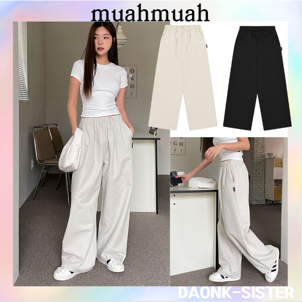 [ Muahmuah ] กางเกงขากว้าง ผ้าฝ้าย 100% สไตล์เกาหลี 3 สี