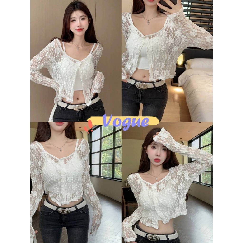 Vogue🌟พร้อมส่ง🌟 เสื้อคลุมถักไหมพรม ลายดอกไม้ คอวีเล็กๆ กระดุมด้านหน้า (MX042/FY319)