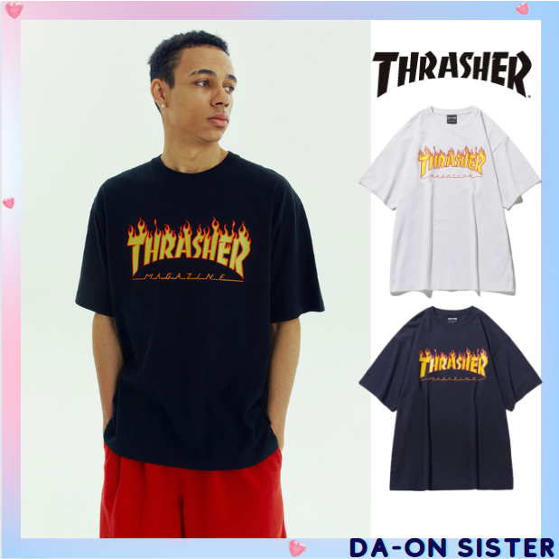 [ Thrasher ] เสื้อยืดแขนสั้น ลายเปลวไฟ (unisex) -2 สี เกาหลี ของแท้ 100%