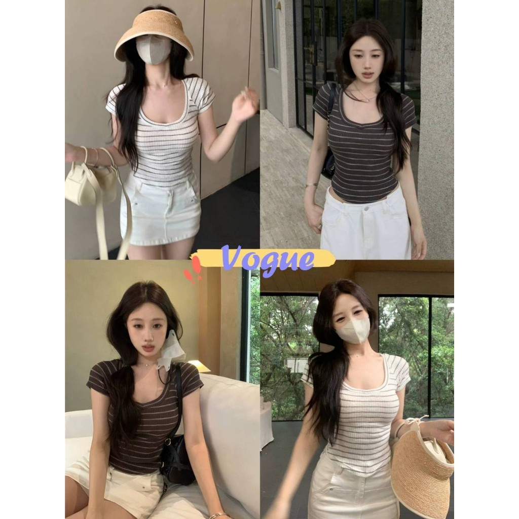 Vogue🌟พร้อมส่ง🌟 เสื้อยืดครอปสั้น คอกลม ดีเทลลายทาง ยืดกำลังดี รัดตัว (95175)