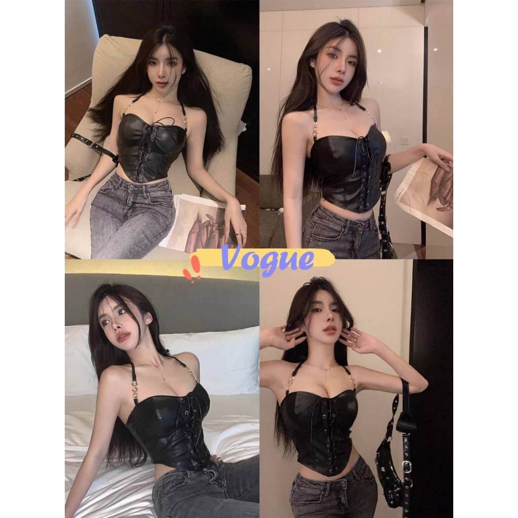 Vogue🌟พร้อมส่ง🌟 เสื้อคล้องคอ หลังสม็อค ผ้าหนัง มีฟองน้ำ สีพื้นเท่มาก (FY9067#1)