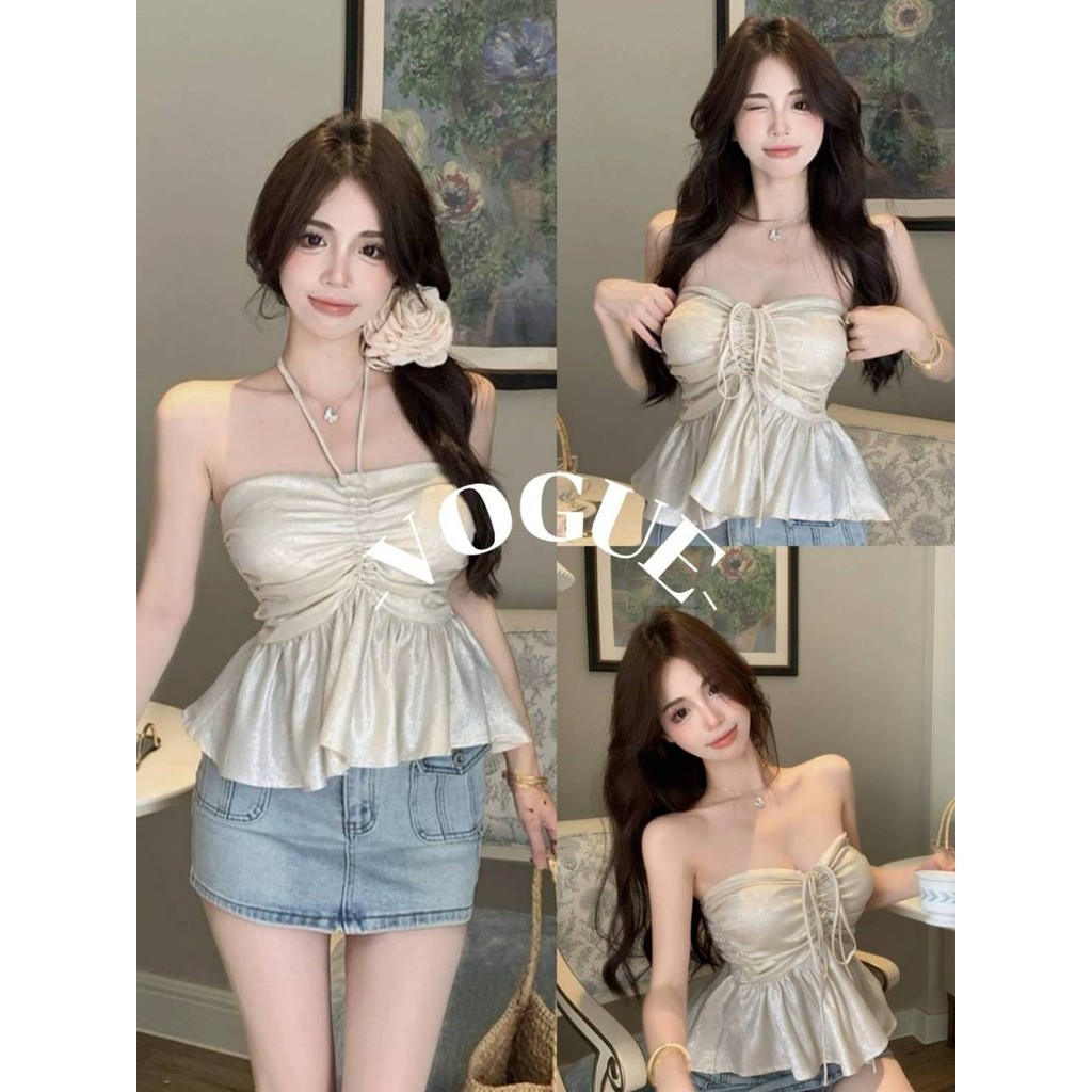 Vogue🌟พร้อมส่ง🌟 เสื้อกล้ามแขนกุดเอวจีบ เสื้อเกาะอกแขนกุดสุดเซ็กซี่ มีสไตล์และเก๋ไก๋ (FY2718)