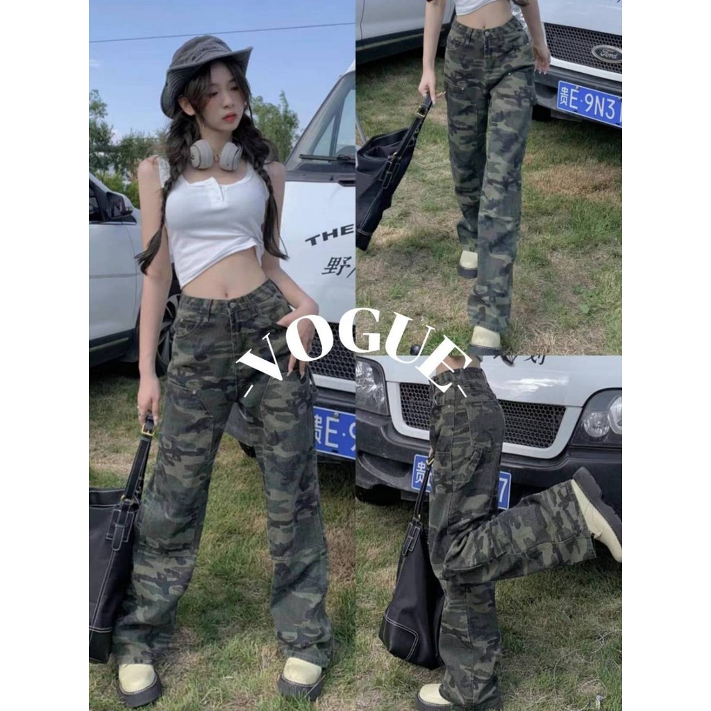 Vogue🌟พร้อมส่ง🌟 กางเกงเอวสูง ทรงกระบอก ขายาว ลายพรางทหารสีเขียว (11037-NZ)