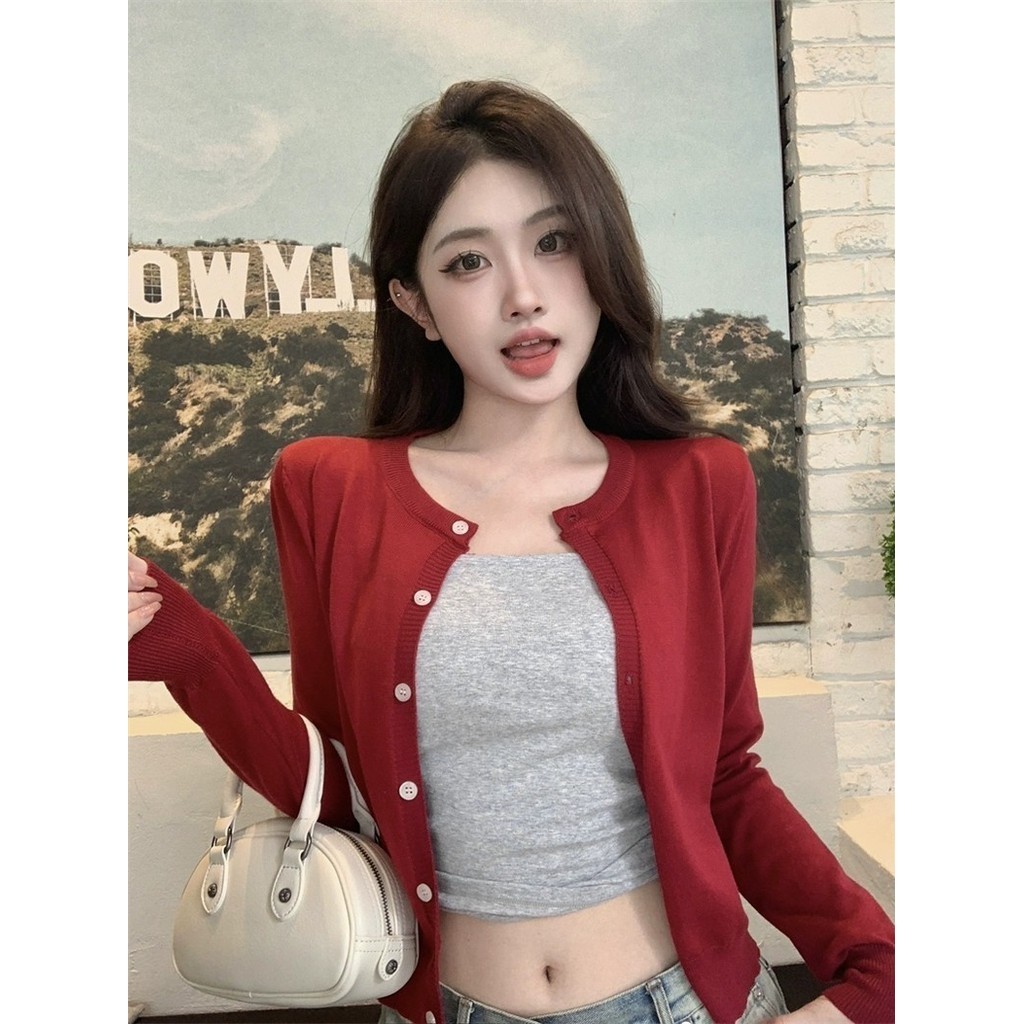 Vogue🌟พร้อมส่ง🌟 เสื้อคลุมไหมพรมแขนยาว คอกลม คาดิแกรนเกาหสีสีพื้น (D091) - รูปที่ 7