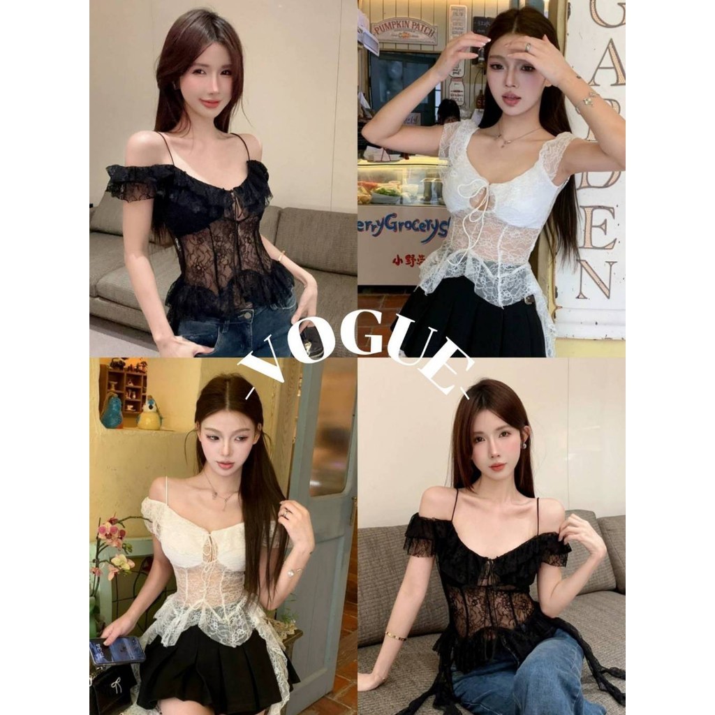 Vogue🌟พร้อมส่ง🌟 เสื้อลูกไม้ดปิกไหล่ มีฟองน้ำ เซ็กซี่บางเบาใส่สบาย (FY1927)