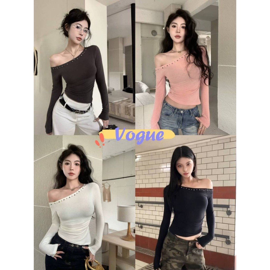 Vogue🌟พร้อมส่ง🌟 เสื้อไหมพรมเปิดไหล่ แขนยาว ผ้าร่องแต่งเพชรรอบๆ (BK01-113)