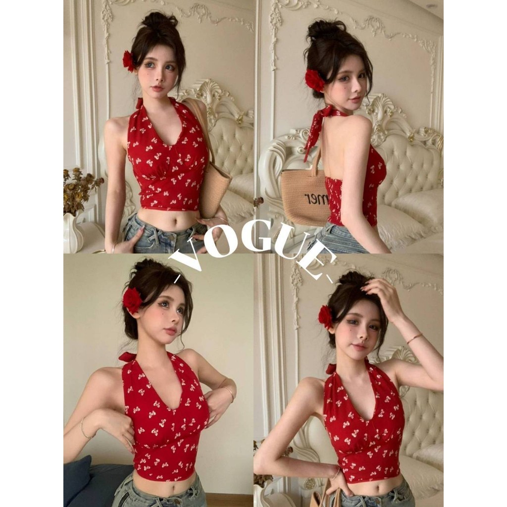 Vogue พร้อมส่ง เสื้อผูกคล้องคอ ดีเทลเว้า สีแดงสดใส ทรงรัดตัว (FY2706)