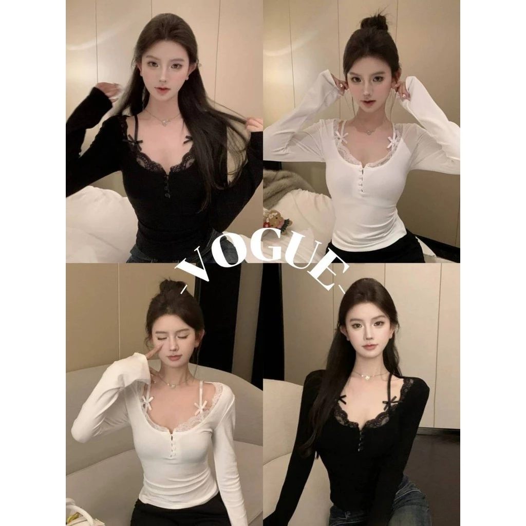 Vogue🌟พร้อมส่ง🌟 เสื้อแขนยาวไหมพรม คอวีเล็กๆ ดีเทลแต่งสายเพิ่มลูกไม้ (M1946)