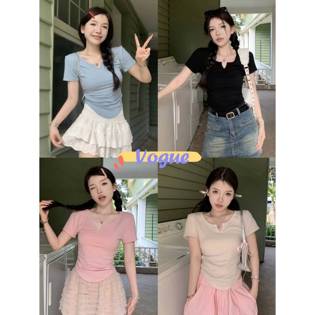 Vogue🌟พร้อมส่ง🌟 เสื้อยืด คอวี แขนสั้น มีฟองน้ำ ดีเทลสีพาสเทล ใส่ง่าย (FY5023-S)