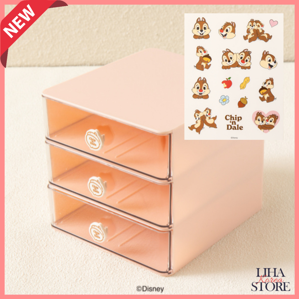 เกาหลี Daiso Disney Chip&Dale Chip และ Dale Drawer 3 ชั้นตกแต่งสติกเกอร์ลิ้นชักชิป Dale Storage