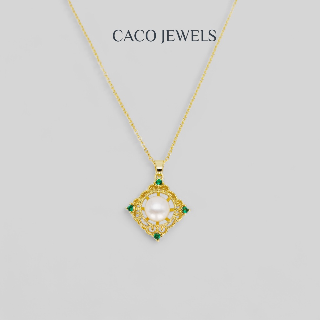 Caco 3A สร้อยคอจี้มุกน้ําจืดพรีเมี่ยม 14K ชุบทอง 925 เงิน Moissanite "มรกต"