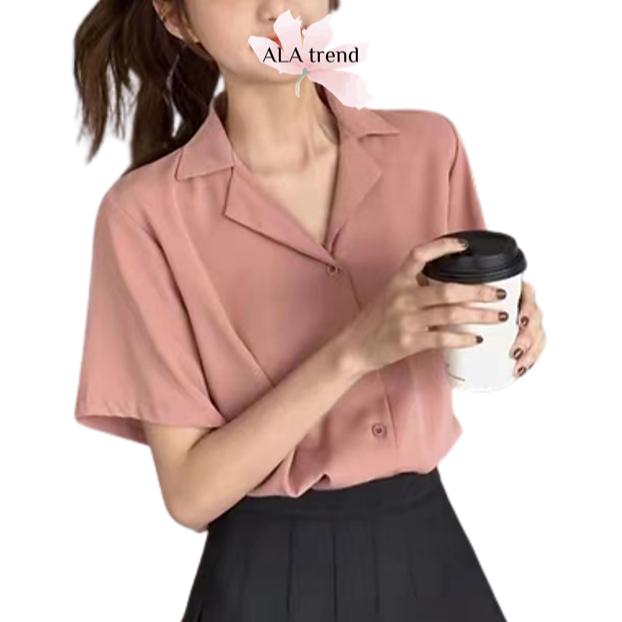 ผู้หญิง Casure เสื้อเชิ้ตแขนสั้น Retro V คอ BL01