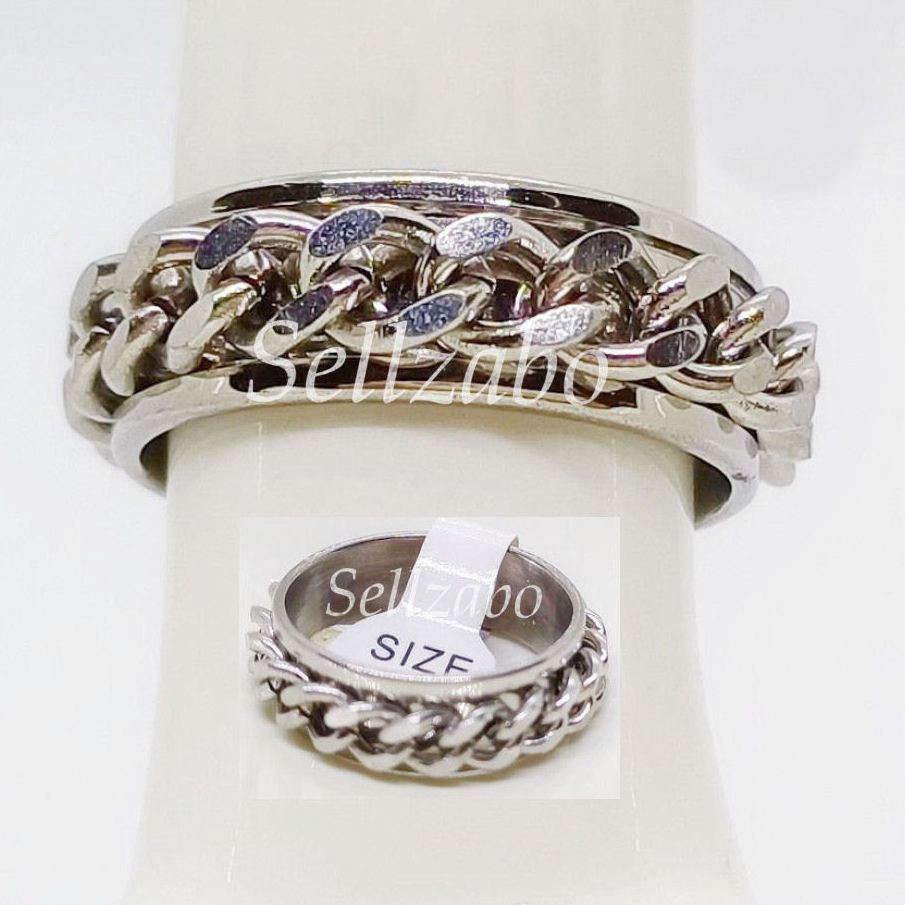 แหวนเหล็กไทเทเนียมออกแบบโซ่ US ขนาด 9/10 อุปกรณ์เสริมเงิน Aksesori Perak Cincin Guys Mens Boys วันเก