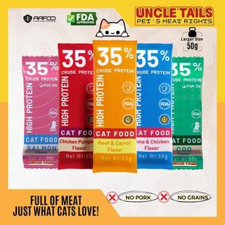 UNCLE TAIL Cat Food Wet Food 35% High Protein,  50g Beef Chicken Tuna cod and salmon flavor