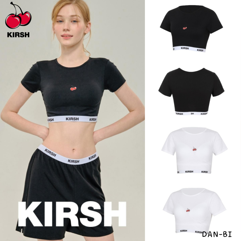 [KIRSH] Cotton spandex เสื้อครอปแขนสั้น_2color / CHERRY LOGO POINT /สินค้า KR แท้ 100% / จัดส่งรวดเร