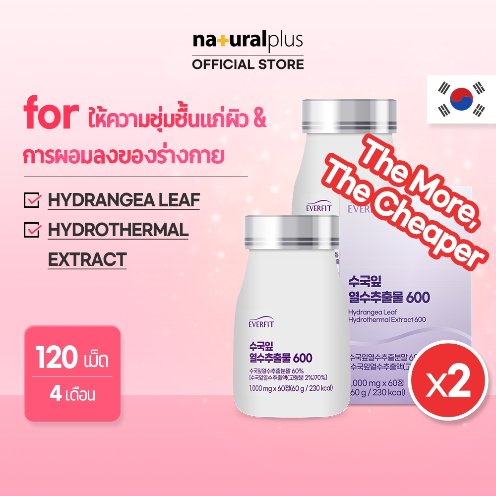 Naturalplus Korea x2 Everfit Hydrangea Leaf Hydrothermal Extract 600, 120 เม็ด สำหรับความงามของผิวหนังและการสูญเสียไขมันในร่างกาย