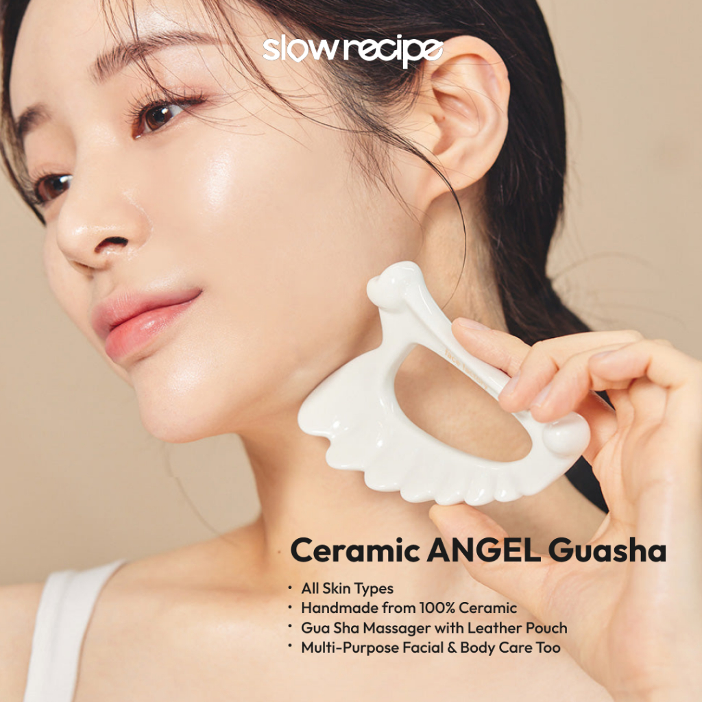 Face Factory Ceramic ANGEL Gua Sha Tool- เครื่องนวดหน้าและผิวกาย –ดินขาวธรรมชาติ 100%, เครื่องมือเซรามิกสามภาคสําหรับระบายน้ําน้ําเหลือง, รวมถุงเก็บและคู่มือ