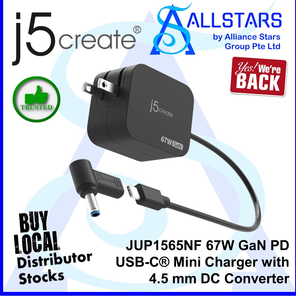 (ALLSTARS) J5create JUP1565NF 67W GaN PD USB-C Mini Charger พร้อมตัวแปลง DC 4.5 มม. (รับประกัน 2 ปี)