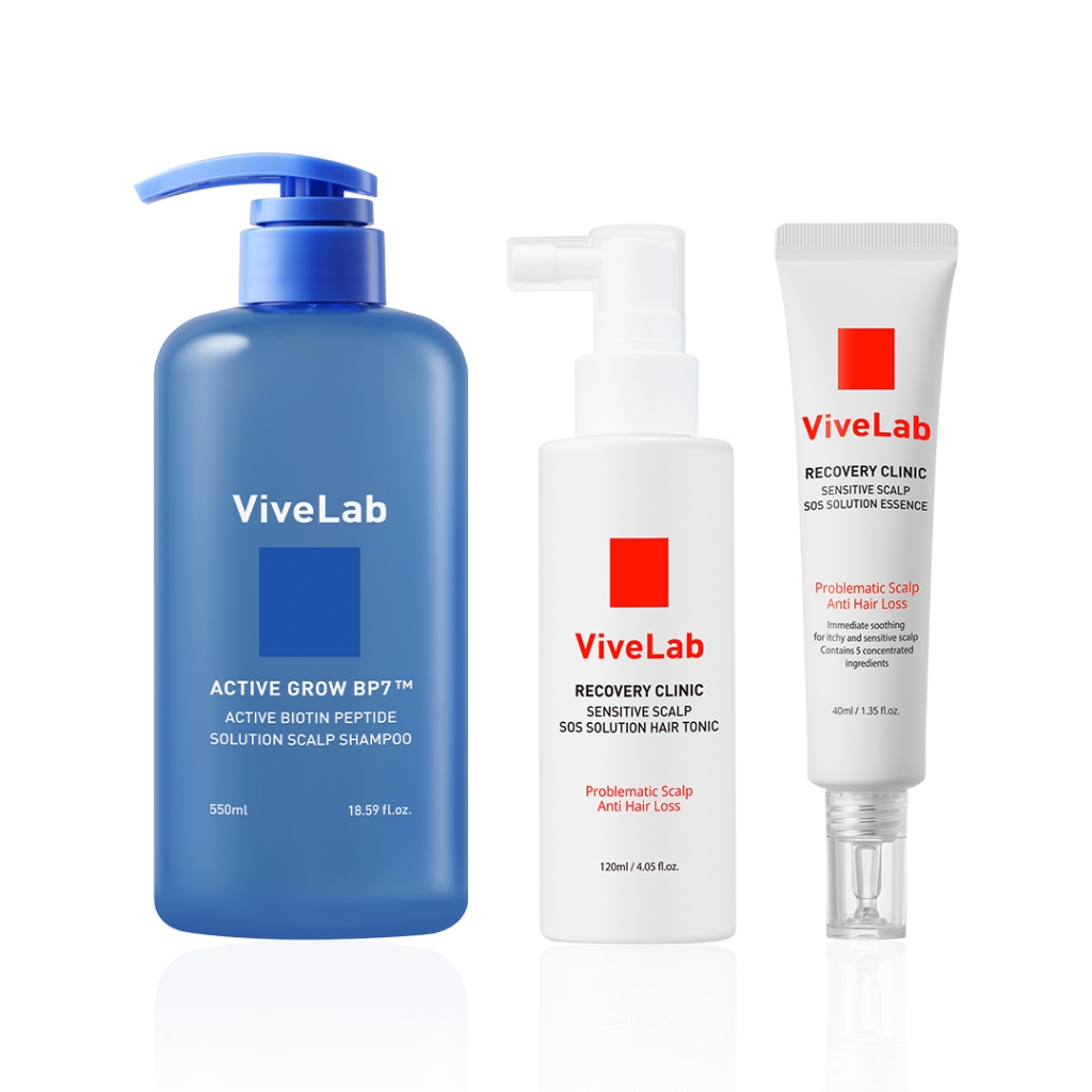Vivelab Sensitive Scalp SOS Solution Essence 40ml + แฮร์โทนิค 120ml + Active Biotin Peptide Solution Scalp Shampoo 550ml