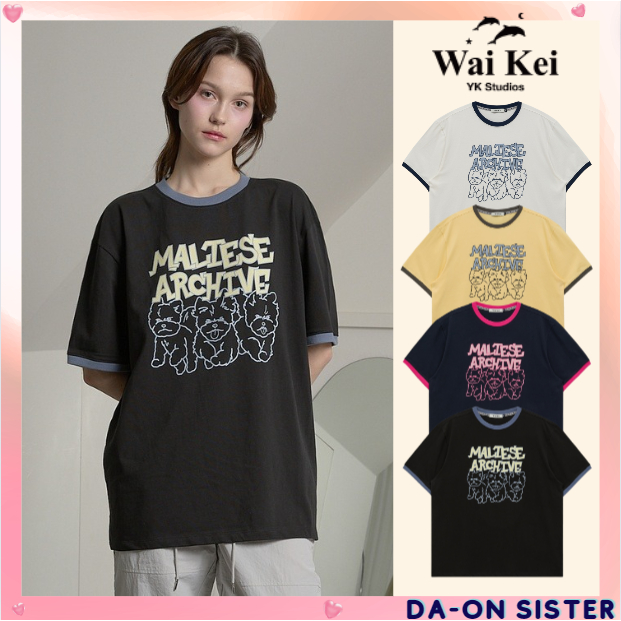 [ Waikei ] Maltese archive line graphic ringer เสื ้ อยืดครึ ่ งแขน 4 สีเกาหลีแท ้ 100 %