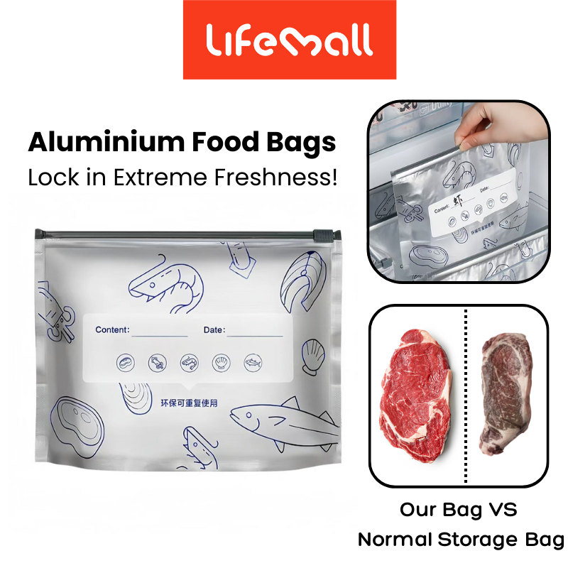 LifeMall -10 PCSAluminium Freezer Bag ถุงเก็บอาหารตู้เย็น Organising Ziplock Bag นํากลับมาใช้ใหม่ได้