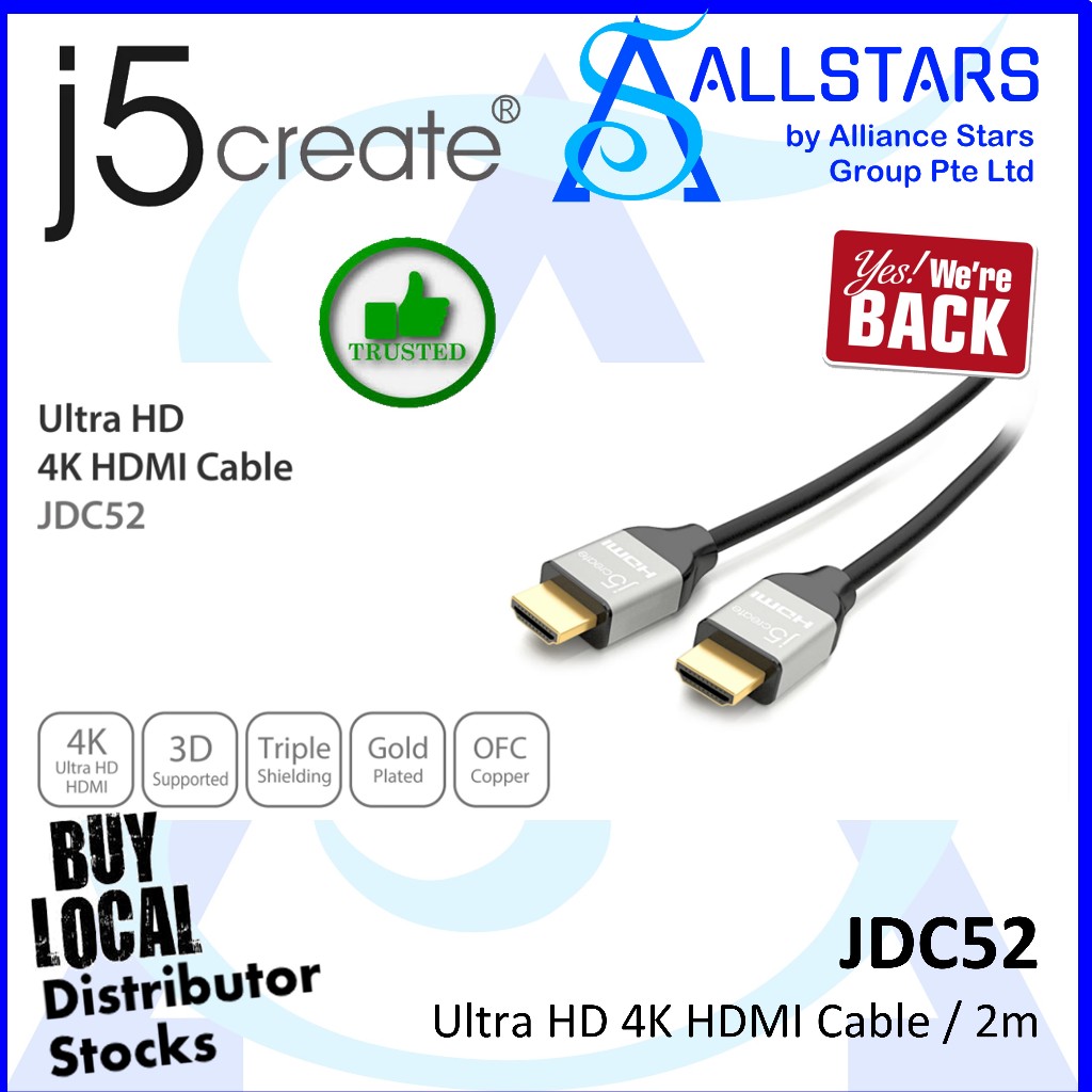 (ALLSTARS) J5Create JDC52 Ultra HD 4K HDMI Cable / 2m (ได้รับการรับรอง HDMI 2.0 / HDR Pass-thru) (รั