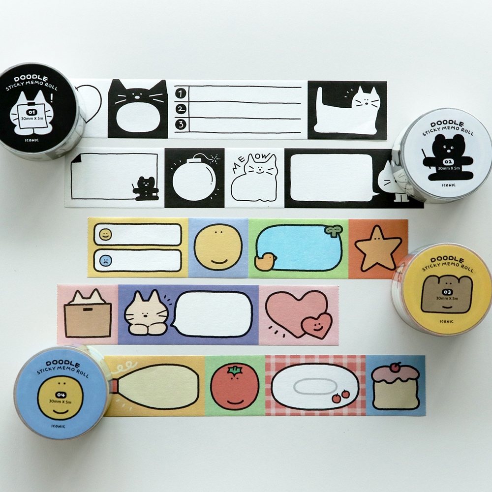 Iconic Doodle Sticky Memo Roll Tape Post-it Notes Index Labeling DIY ตกแต่งวางแผนวารสาร K-Pop CUTE เครื่องเขียน