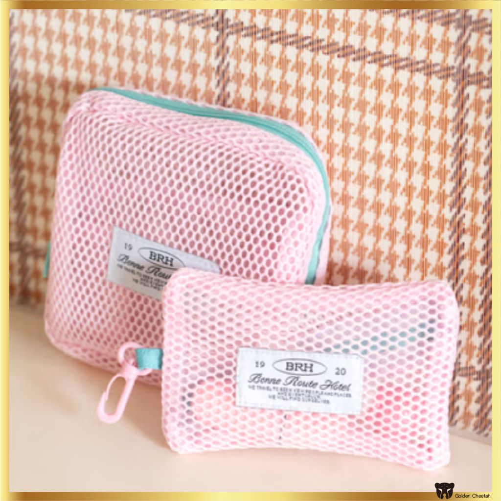 Daiso Korea Travel Mesh Square Pouch - สีชมพู