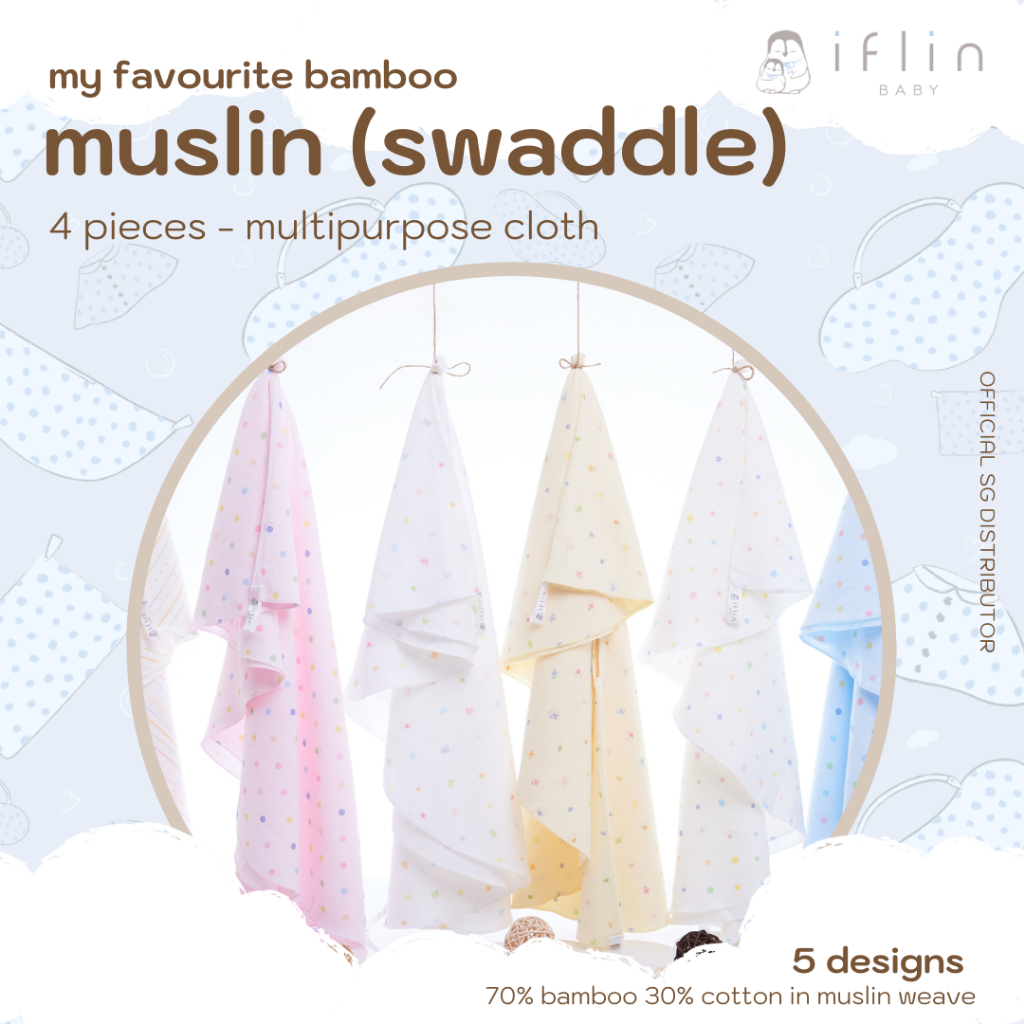 Iflinbaby Bamboo Muslin (4 ชิ้น) iflin Baby Muslin Swaddle ผ้าห่ม Burp ผ้าเช็ดตัวผ้า